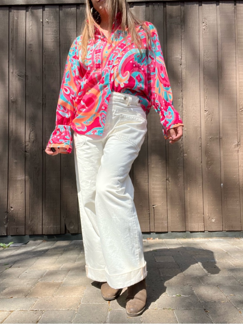CheryBetty Pink Paisley Button-Up Blouse Ruffle Sleeve Dopamine Dressing Large
